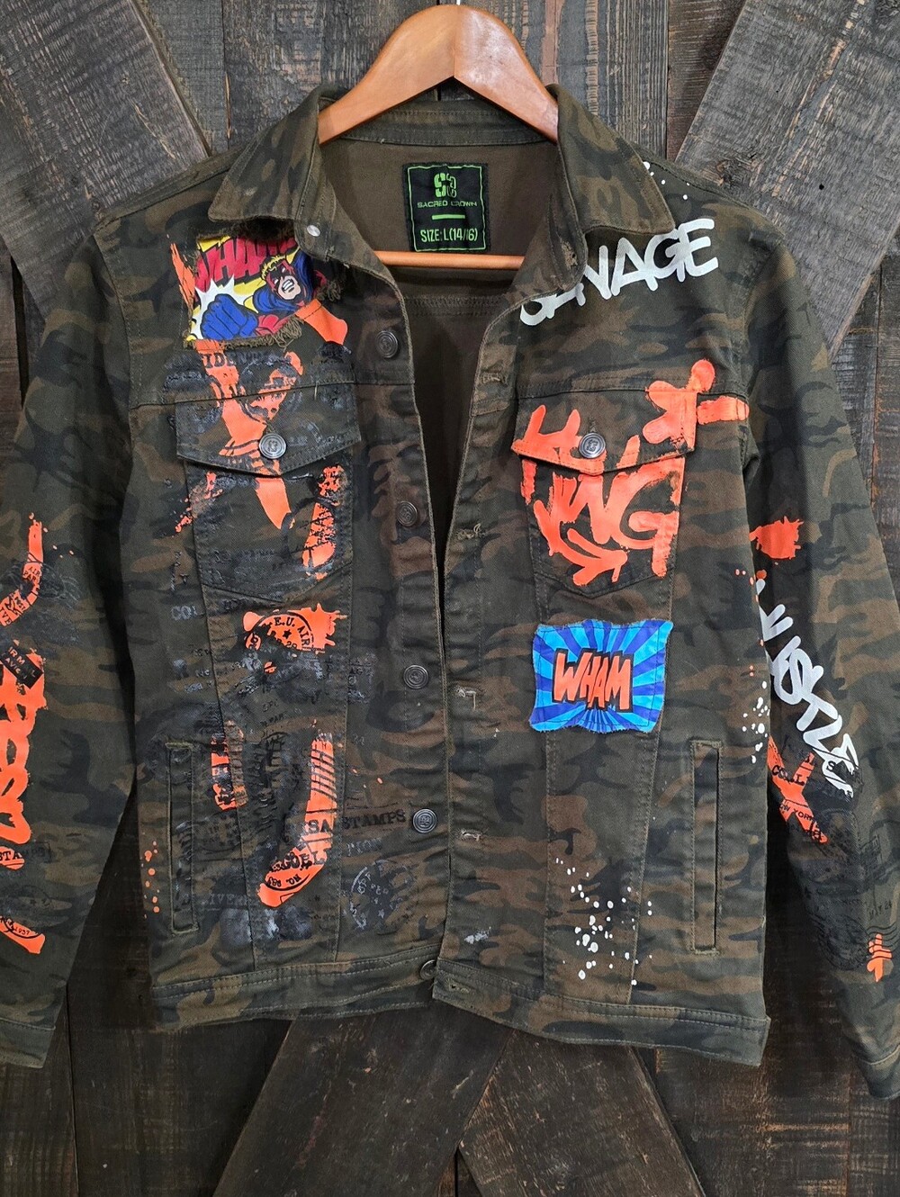 Kids Camouflage Sacred Crown Graphic Military Demim Jacket With Pop Art